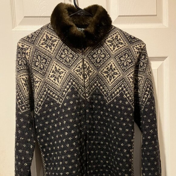 VTG Lauren Ralph Lauren Fair Isle Wool Full Zip Sweater Faux Fur Collar/Cuffs-PM - Picture 1 of 13